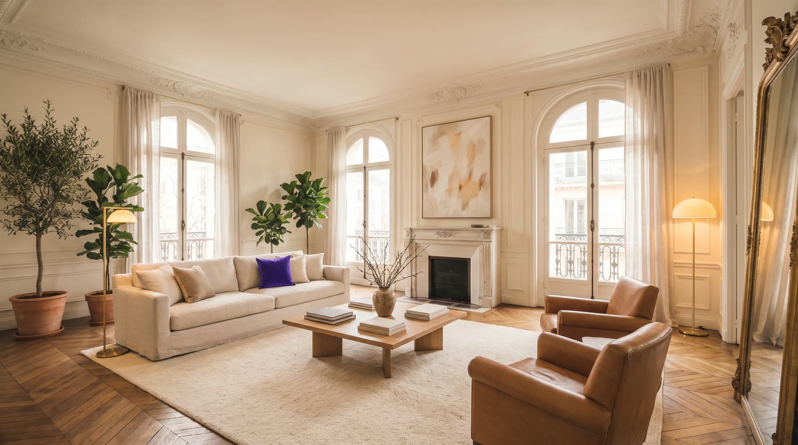 Le même séjour meublé virtuellement : canapé en lin, deux fauteuils en cuir, tapis, table basse, lampes, plantes, voilages, un tableau et un grand miroir doré (visuel généré par IA)