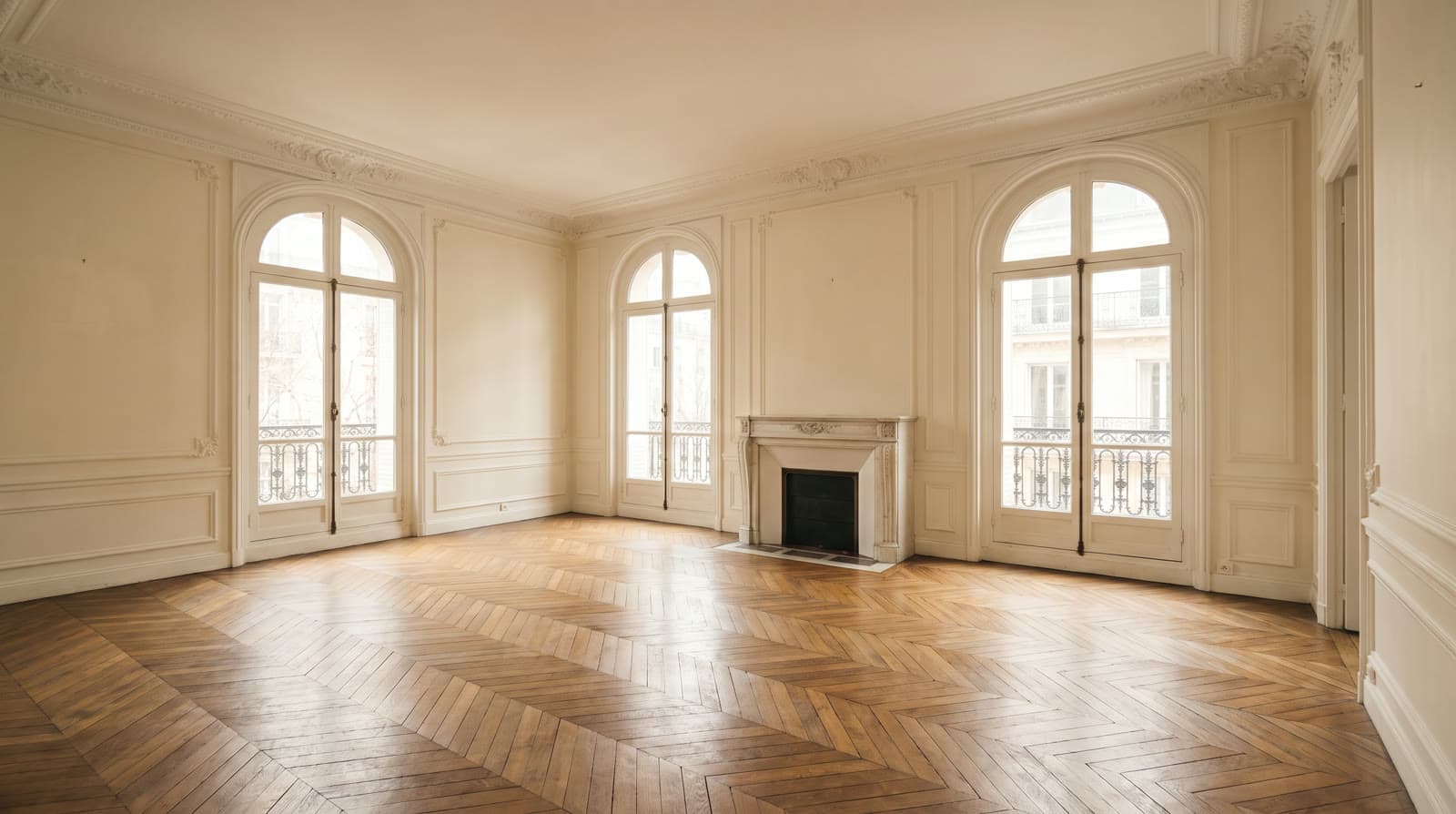 Séjour haussmannien vide : parquet en point de Hongrie, moulures, cheminée en marbre et trois portes-fenêtres (visuel généré par IA)