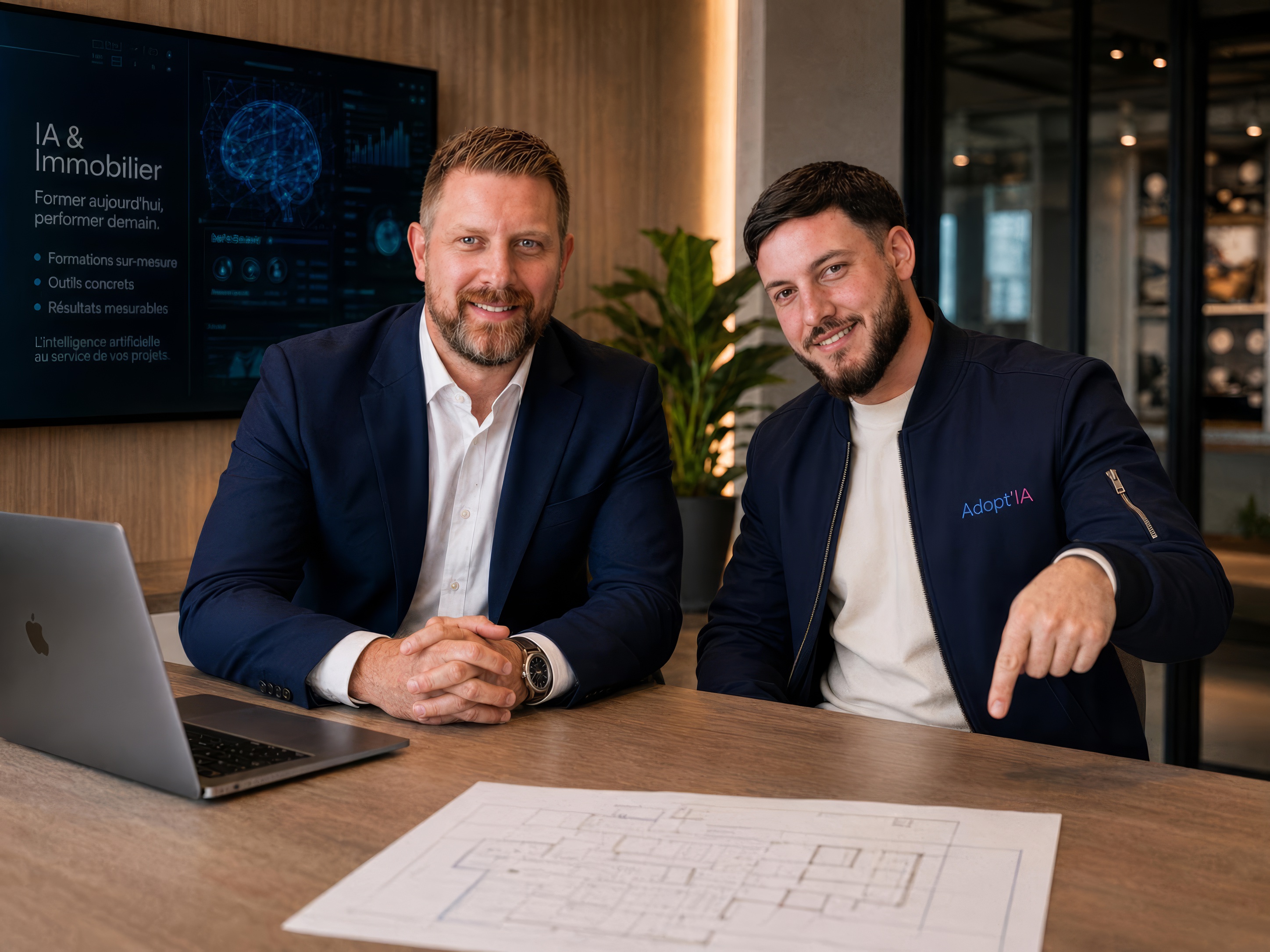 Maxime Nahoum et Simeon Fouassier, co-fondateurs Adopt'IA, en reunion de formation IA immobilier